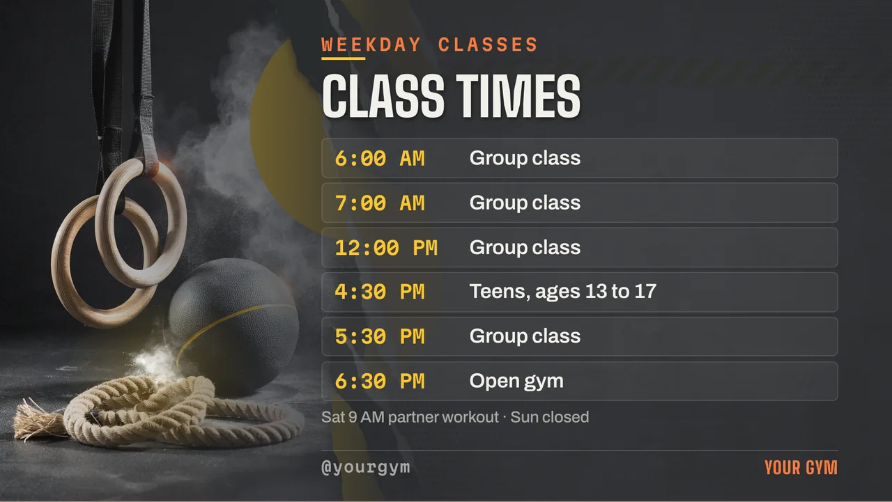 Workout of the day TV board for a box gym · Landscape for a strength and conditioning gym: slide 4 of 4, the schedule with times
