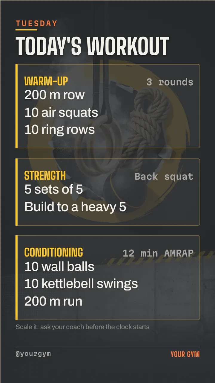 Workout of the day TV board for a box gym · Portrait for a strength and conditioning gym: slide 2 of 4, the menu with prices