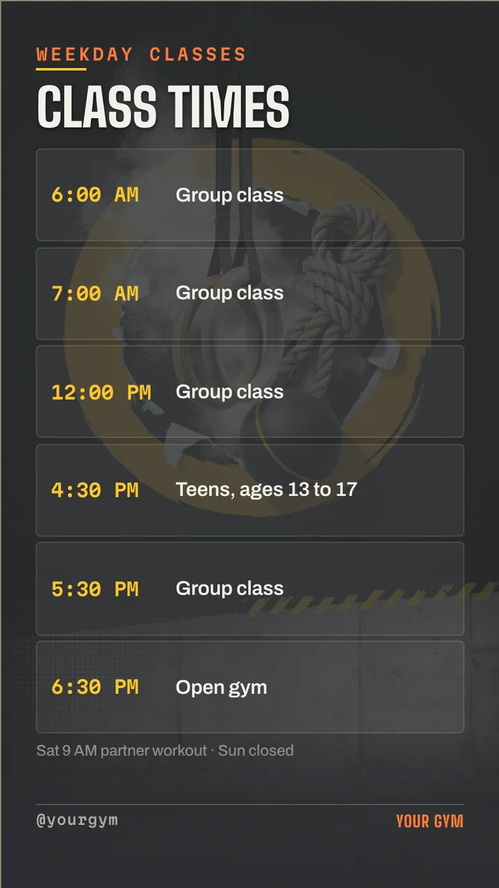 Workout of the day TV board for a box gym · Portrait for a strength and conditioning gym: slide 4 of 4, the schedule with times