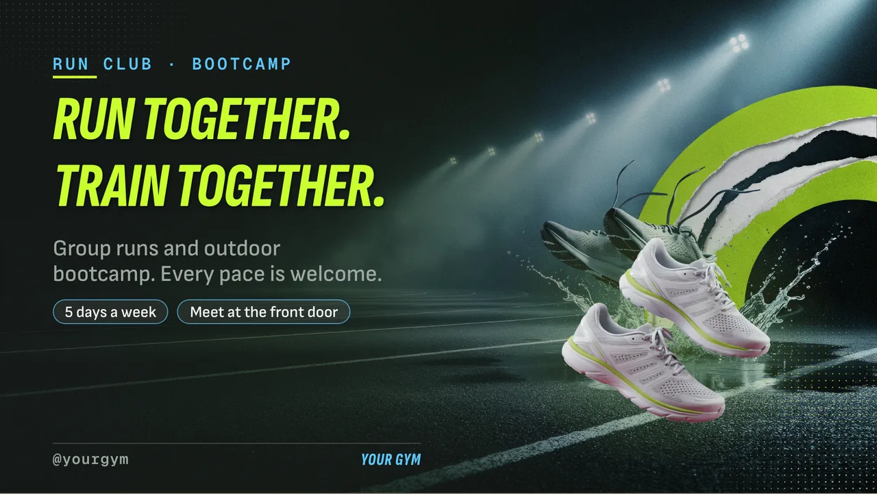 Bootcamp 8 week challenge sign-up screen · Landscape for a run club or bootcamp: slide 1 of 4, the headline and what the business offers