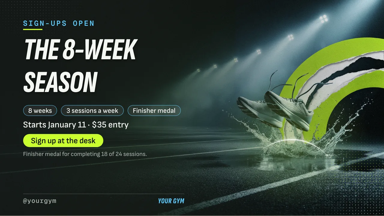 Bootcamp 8 week challenge sign-up screen · Landscape for a run club or bootcamp: slide 2 of 4, the offer with its price and terms