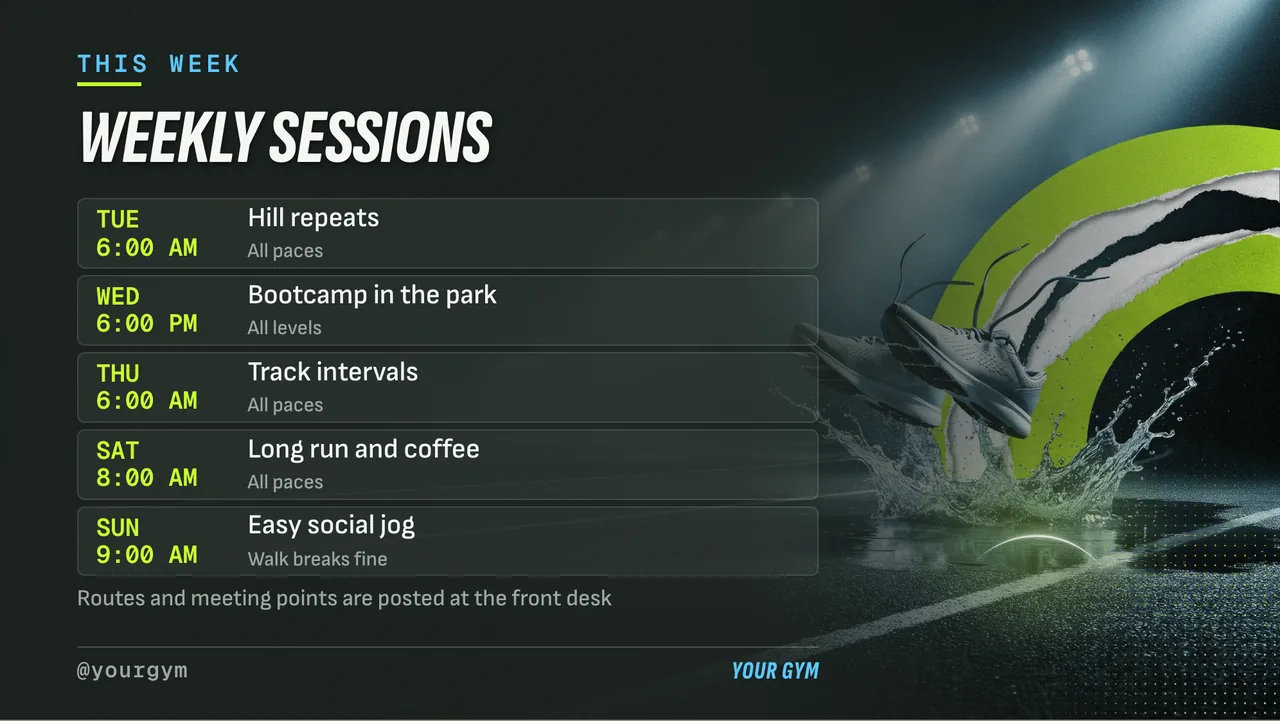 Bootcamp 8 week challenge sign-up screen · Landscape for a run club or bootcamp: slide 3 of 4, the schedule with times
