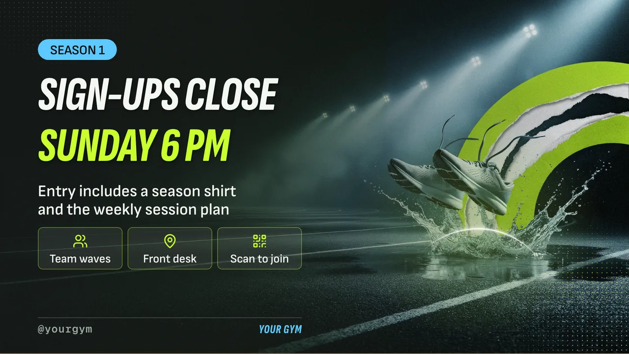 Bootcamp 8 week challenge sign-up screen · Landscape for a run club or bootcamp: slide 4 of 4, the deadline or today's update