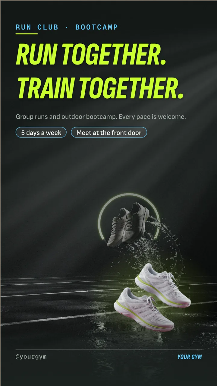 Bootcamp 8 week challenge sign-up screen · Portrait for a run club or bootcamp: slide 1 of 4, the headline and what the business offers