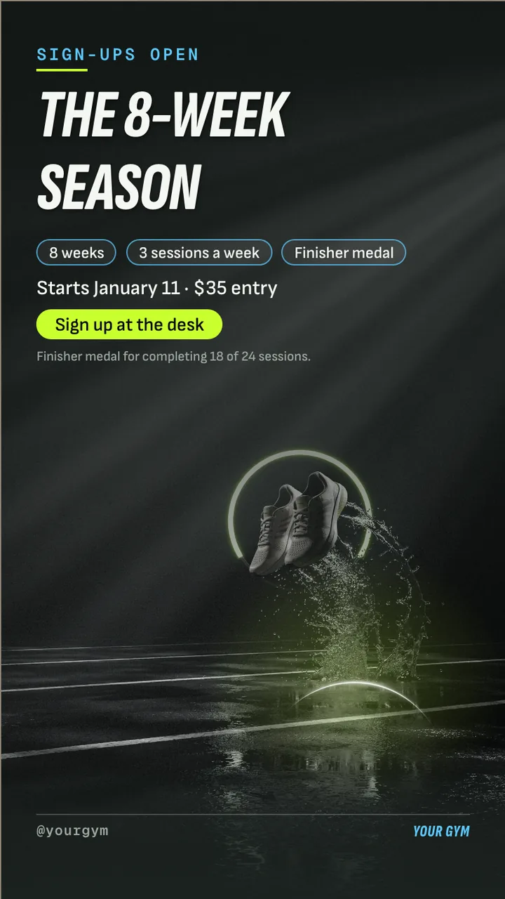 Bootcamp 8 week challenge sign-up screen · Portrait for a run club or bootcamp: slide 2 of 4, the offer with its price and terms