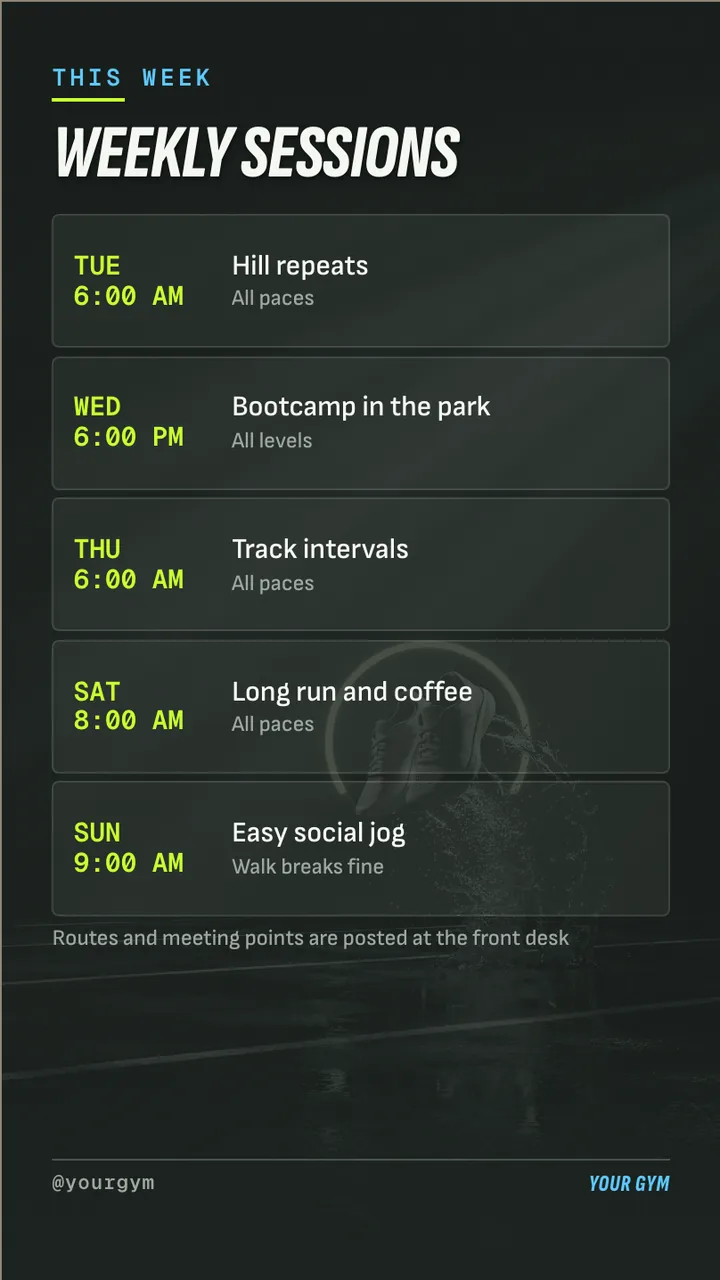 Bootcamp 8 week challenge sign-up screen · Portrait for a run club or bootcamp: slide 3 of 4, the schedule with times