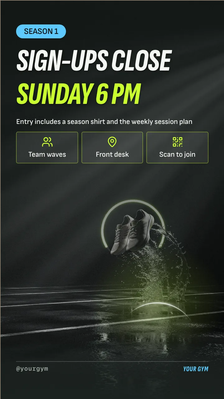 Bootcamp 8 week challenge sign-up screen · Portrait for a run club or bootcamp: slide 4 of 4, the deadline or today's update