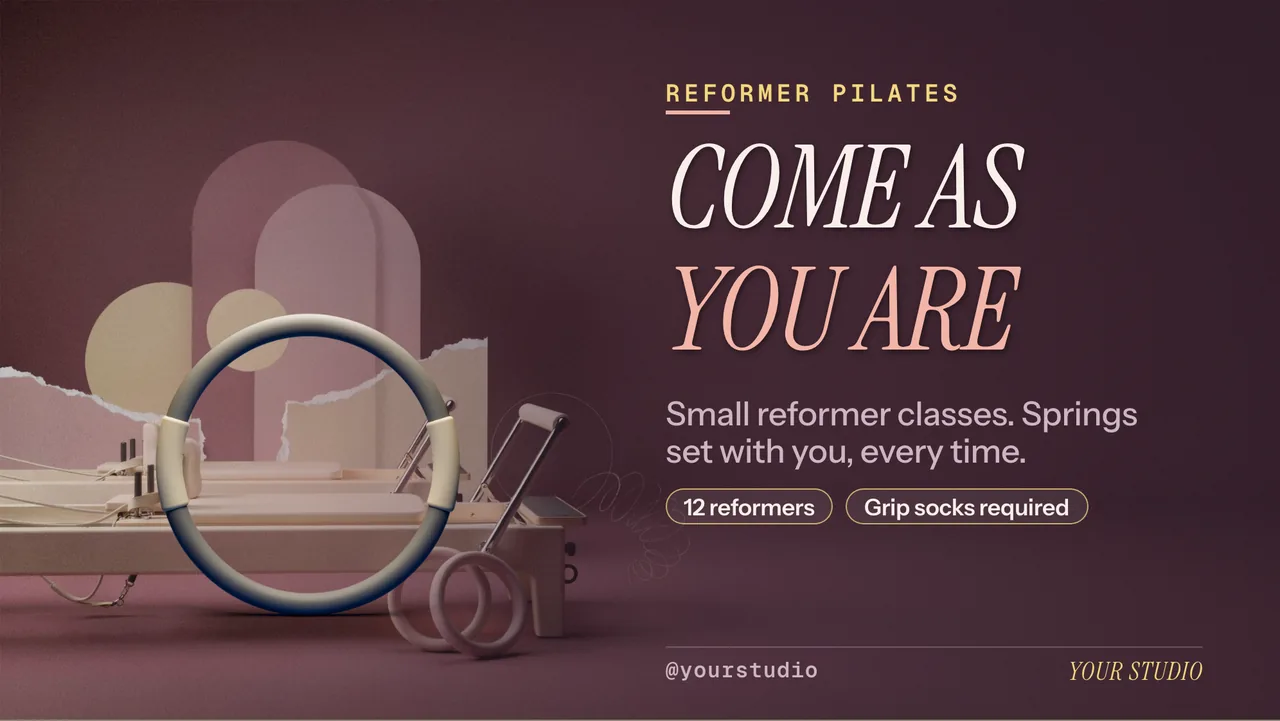 Reformer pilates class schedule screen · Landscape for a reformer pilates studio: slide 1 of 4, the headline and what the business offers