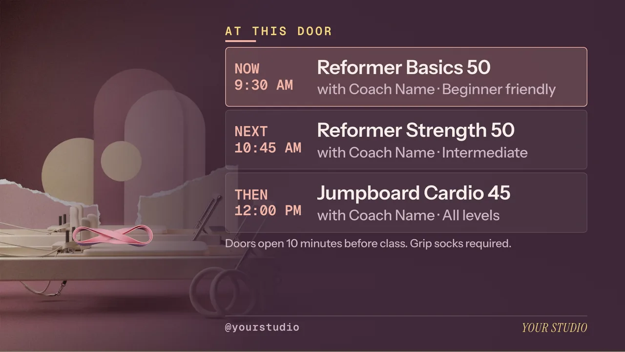 Reformer pilates class schedule screen · Landscape for a reformer pilates studio: slide 2 of 4, the schedule with times