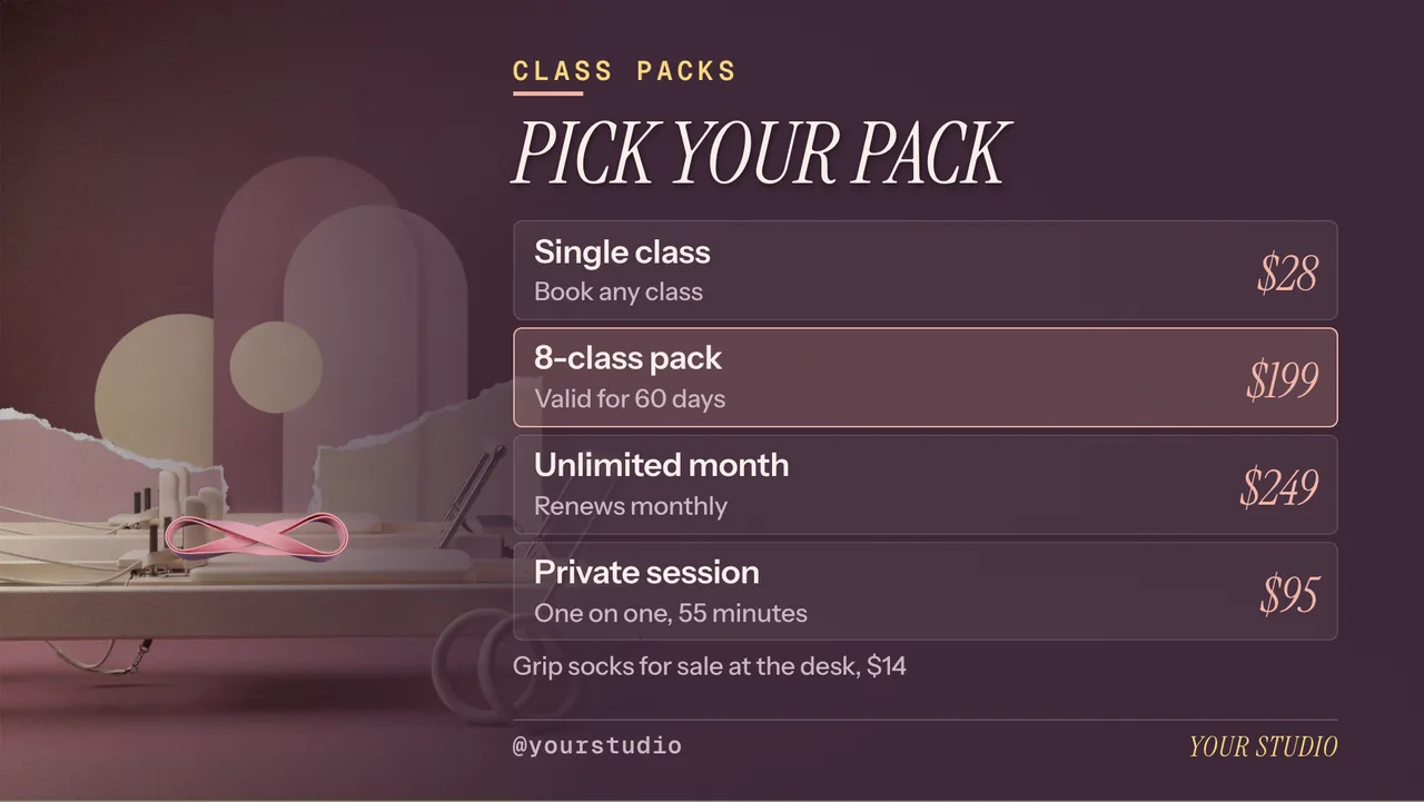 Reformer pilates class schedule screen · Landscape for a reformer pilates studio: slide 3 of 4, the prices for packs and add-ons