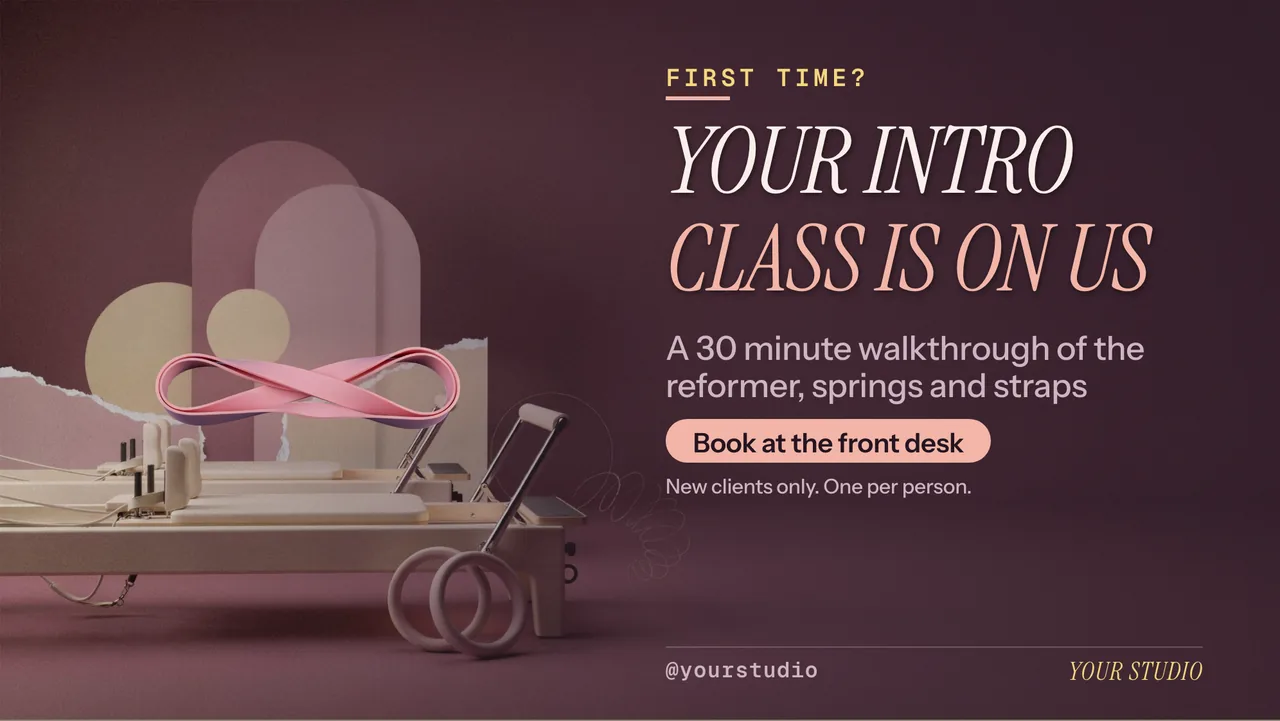 Reformer pilates class schedule screen · Landscape for a reformer pilates studio: slide 4 of 4, the offer with its price and terms