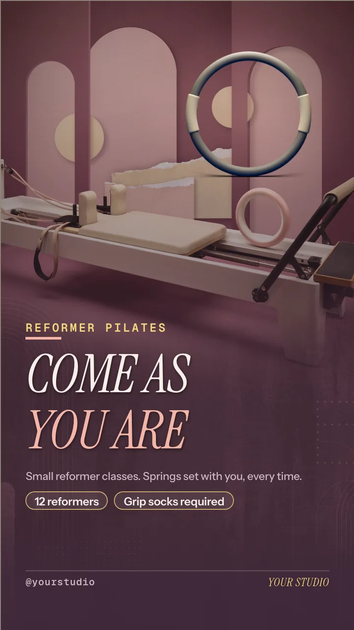 Reformer pilates class schedule screen · Portrait digital signage template preview