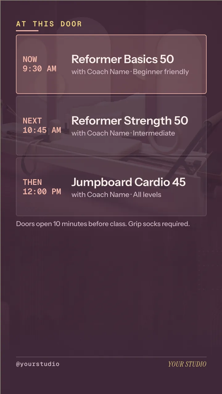 Reformer pilates class schedule screen · Portrait for a reformer pilates studio: slide 2 of 4, the schedule with times