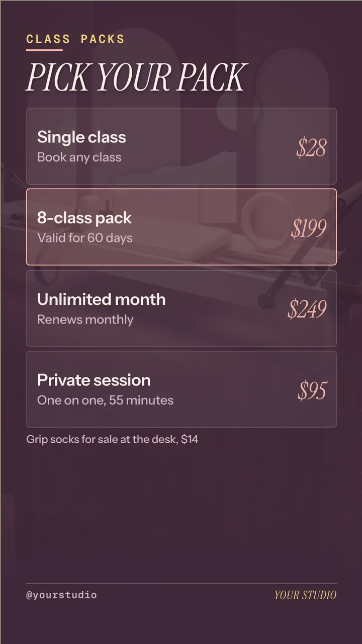 Reformer pilates class schedule screen · Portrait for a reformer pilates studio: slide 3 of 4, the prices for packs and add-ons
