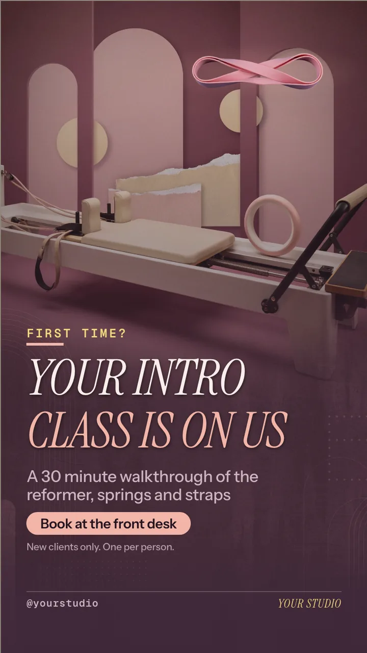 Reformer pilates class schedule screen · Portrait for a reformer pilates studio: slide 4 of 4, the offer with its price and terms