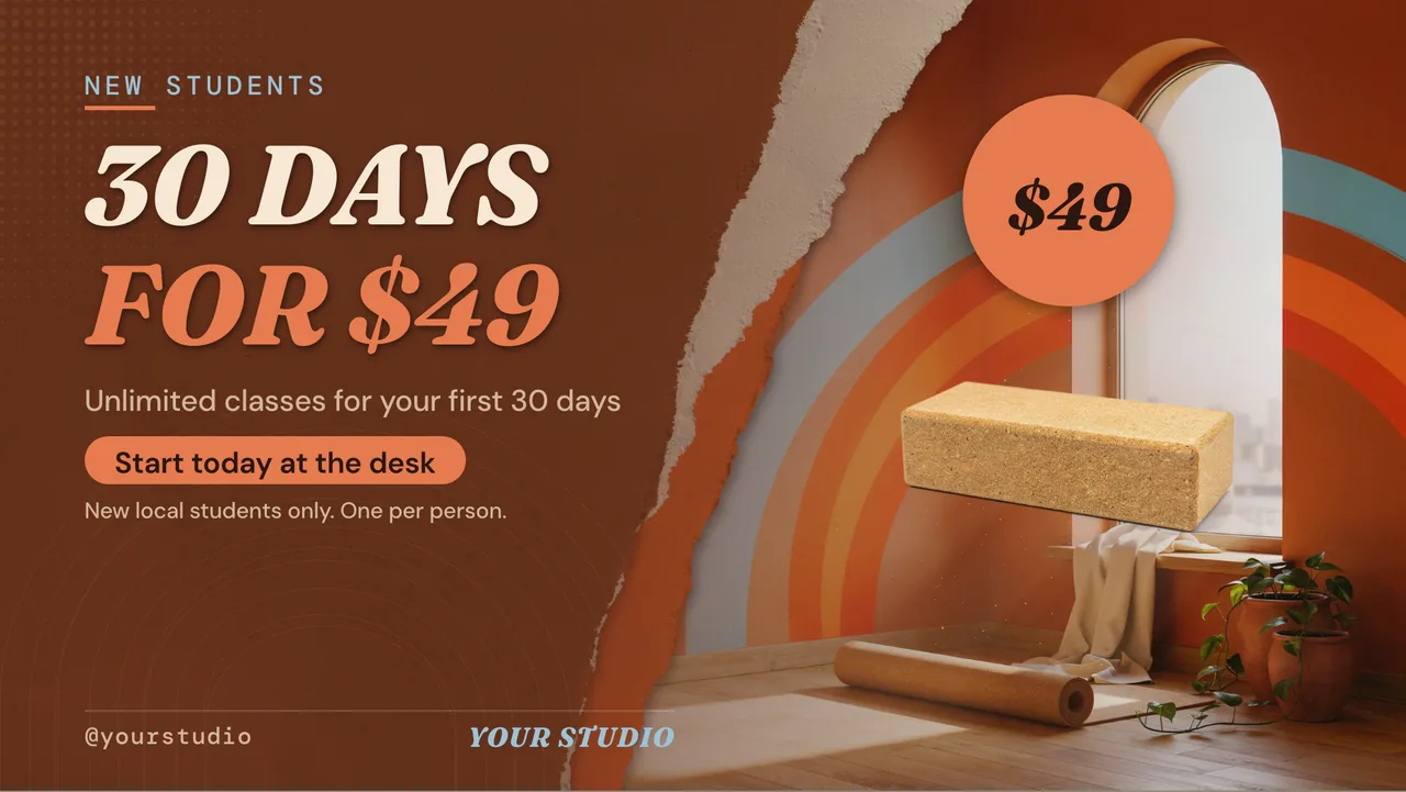 Hot yoga studio class schedule TV · Landscape for a hot yoga studio: slide 3 of 4, the offer with its price and terms