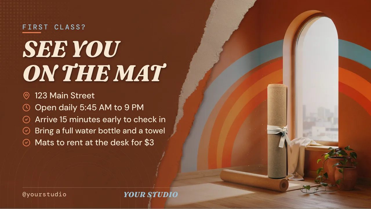 Hot yoga studio class schedule TV · Landscape for a hot yoga studio: slide 4 of 4, the address, hours and how to book or order