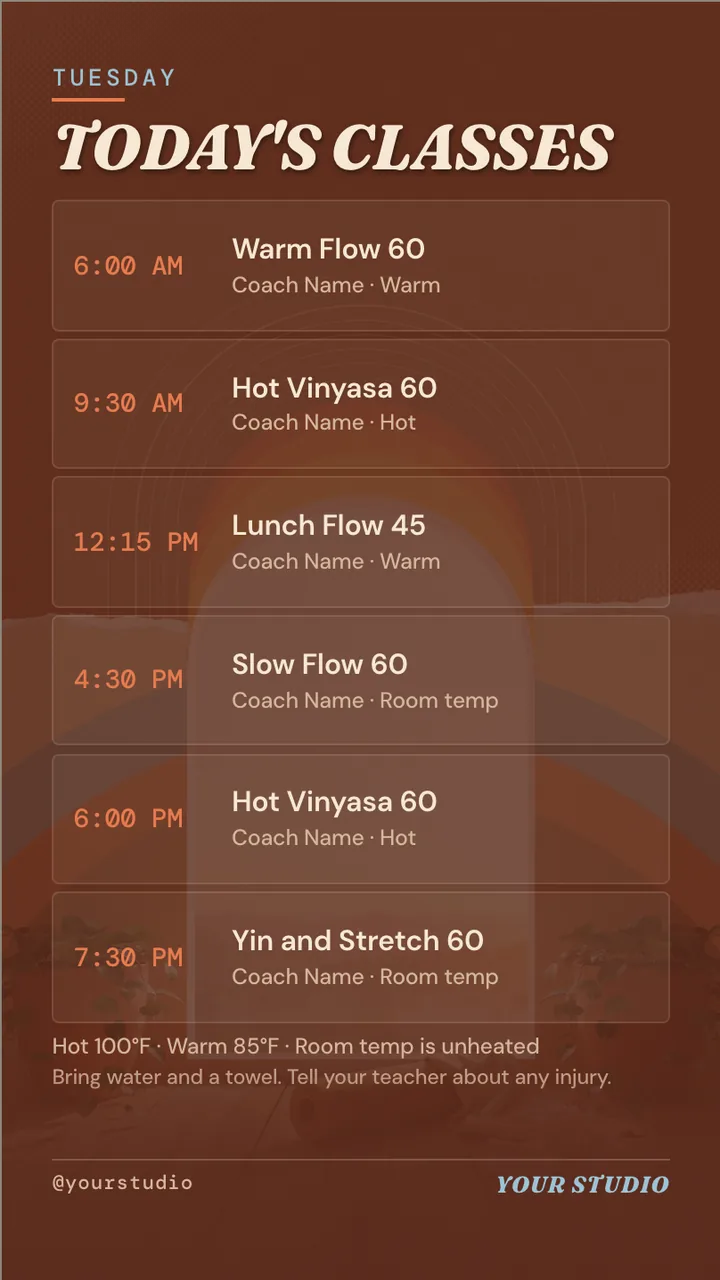 Hot yoga studio class schedule TV · Portrait for a hot yoga studio: slide 2 of 4, the schedule with times