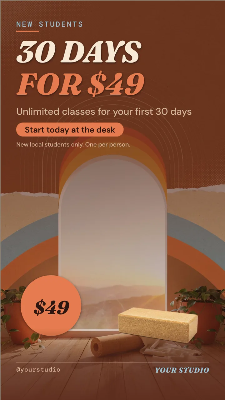 Hot yoga studio class schedule TV · Portrait for a hot yoga studio: slide 3 of 4, the offer with its price and terms