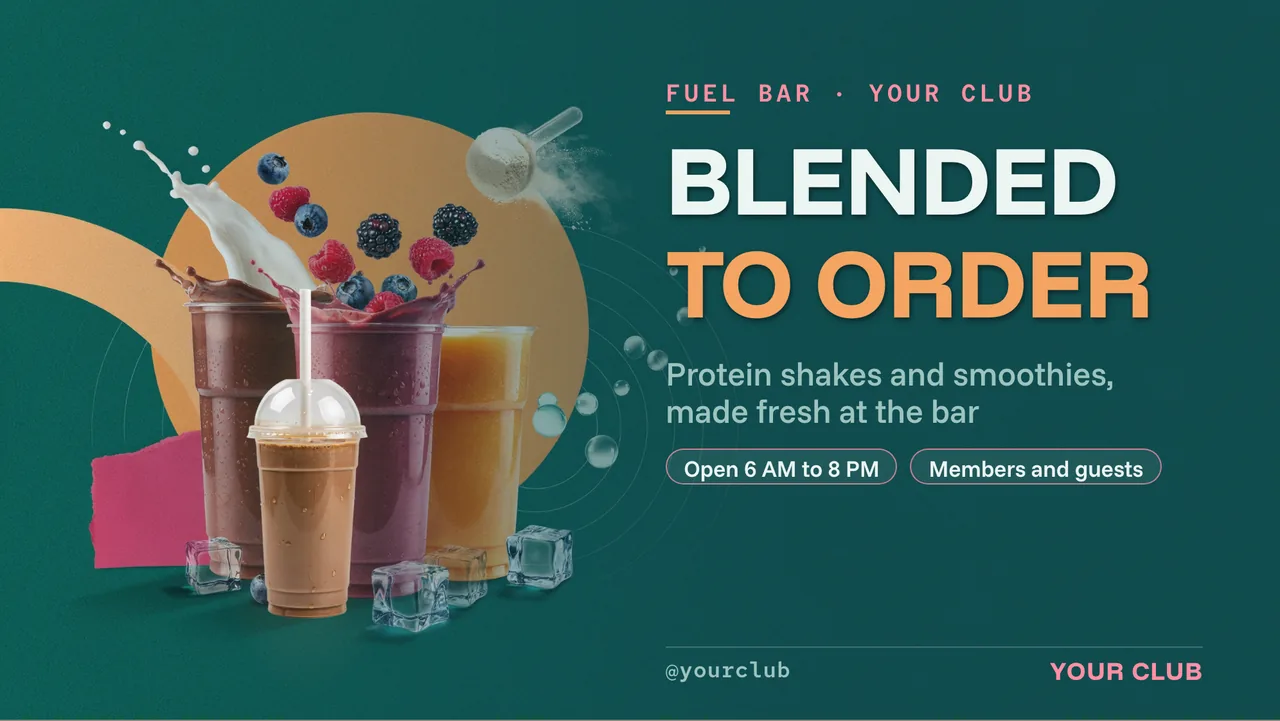 Gym smoothie bar menu board · Landscape for a gym smoothie bar: slide 1 of 4, the headline and what the business offers