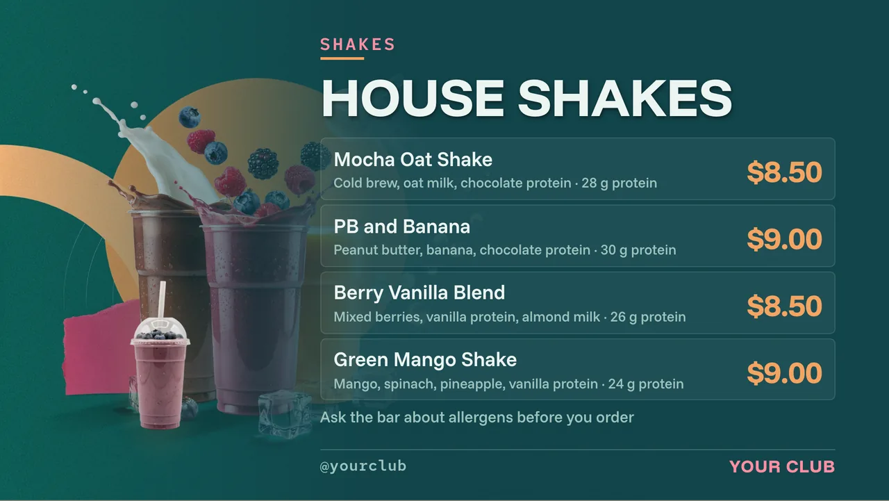 Gym smoothie bar menu board · Landscape for a gym smoothie bar: slide 2 of 4, the menu with prices