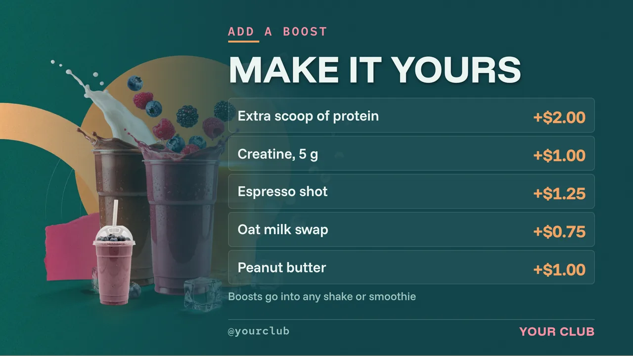 Gym smoothie bar menu board · Landscape for a gym smoothie bar: slide 3 of 4, the prices for packs and add-ons