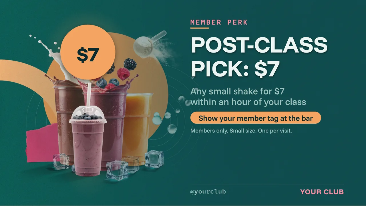 Gym smoothie bar menu board · Landscape for a gym smoothie bar: slide 4 of 4, the offer with its price and terms