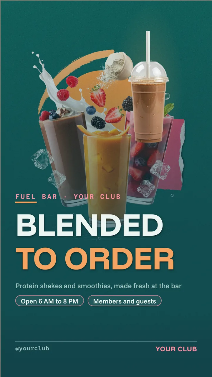 Gym smoothie bar menu board · Portrait for a gym smoothie bar: slide 1 of 4, the headline and what the business offers