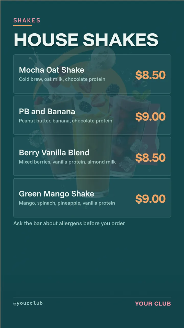 Gym smoothie bar menu board · Portrait for a gym smoothie bar: slide 2 of 4, the menu with prices