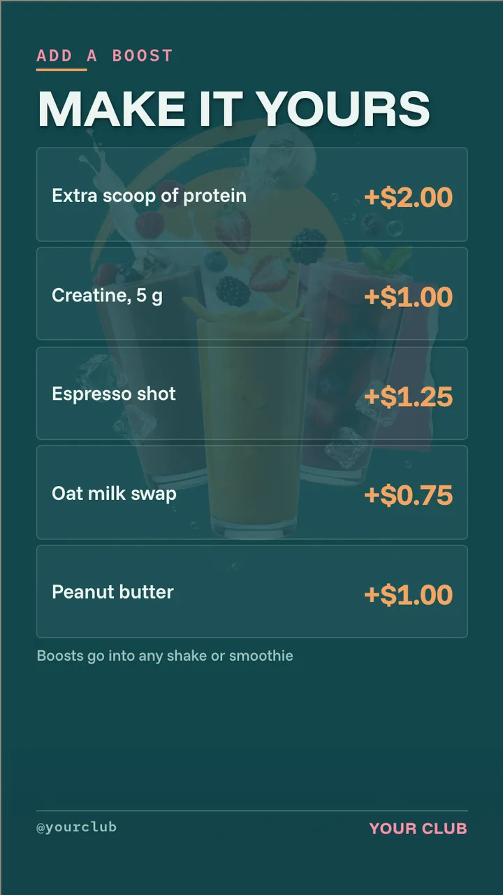 Gym smoothie bar menu board · Portrait for a gym smoothie bar: slide 3 of 4, the prices for packs and add-ons