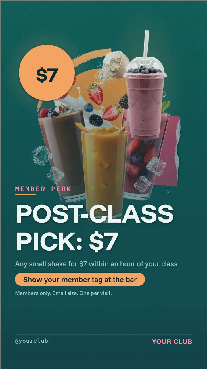 Gym smoothie bar menu board · Portrait for a gym smoothie bar: slide 4 of 4, the offer with its price and terms