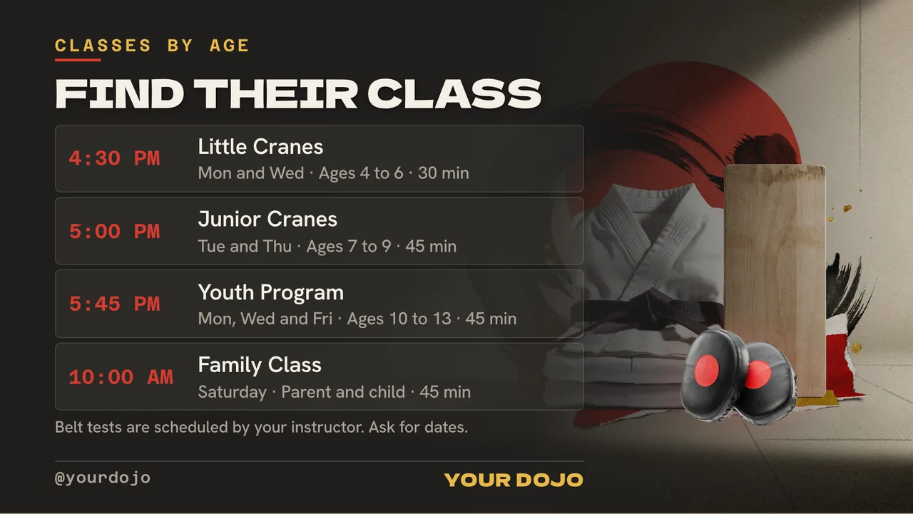 Kids martial arts enrollment TV screen · Landscape for a kids karate school: slide 2 of 4, the schedule with times