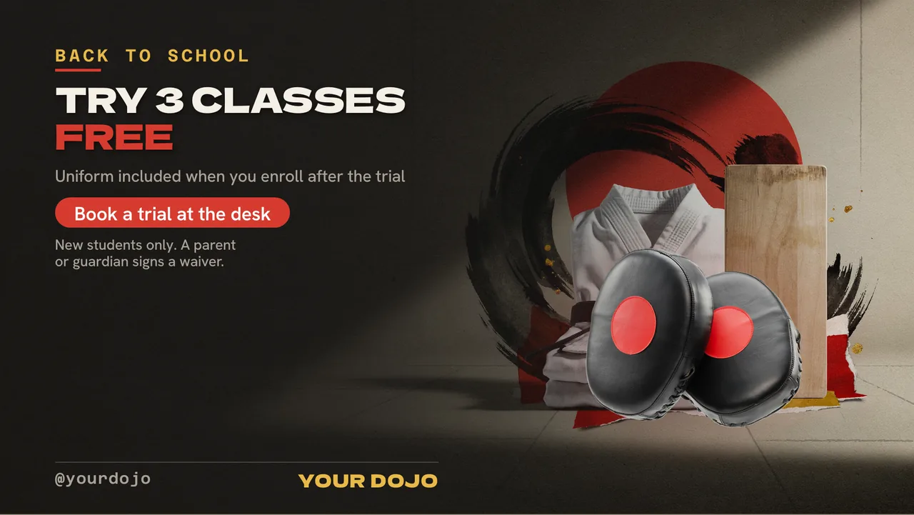 Kids martial arts enrollment TV screen · Landscape for a kids karate school: slide 3 of 4, the offer with its price and terms