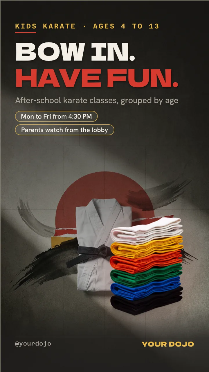 Kids martial arts enrollment TV screen · Portrait for a kids karate school: slide 1 of 4, the headline and what the business offers