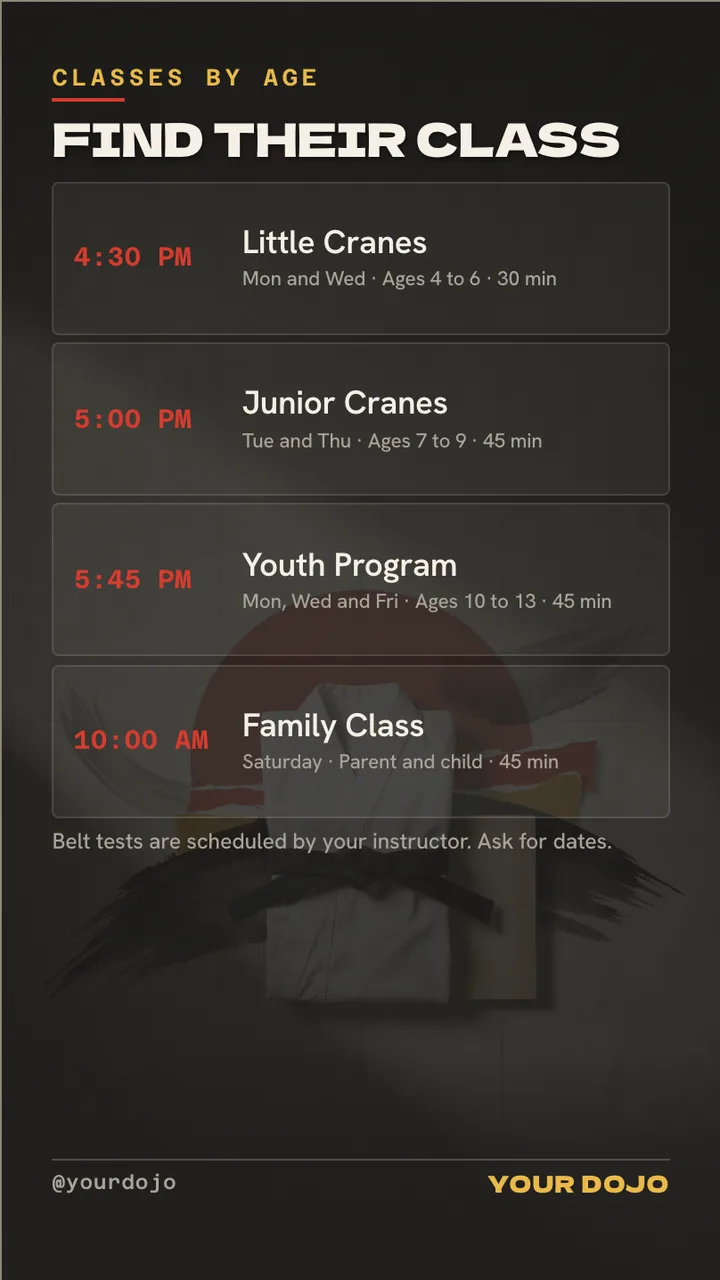 Kids martial arts enrollment TV screen · Portrait for a kids karate school: slide 2 of 4, the schedule with times