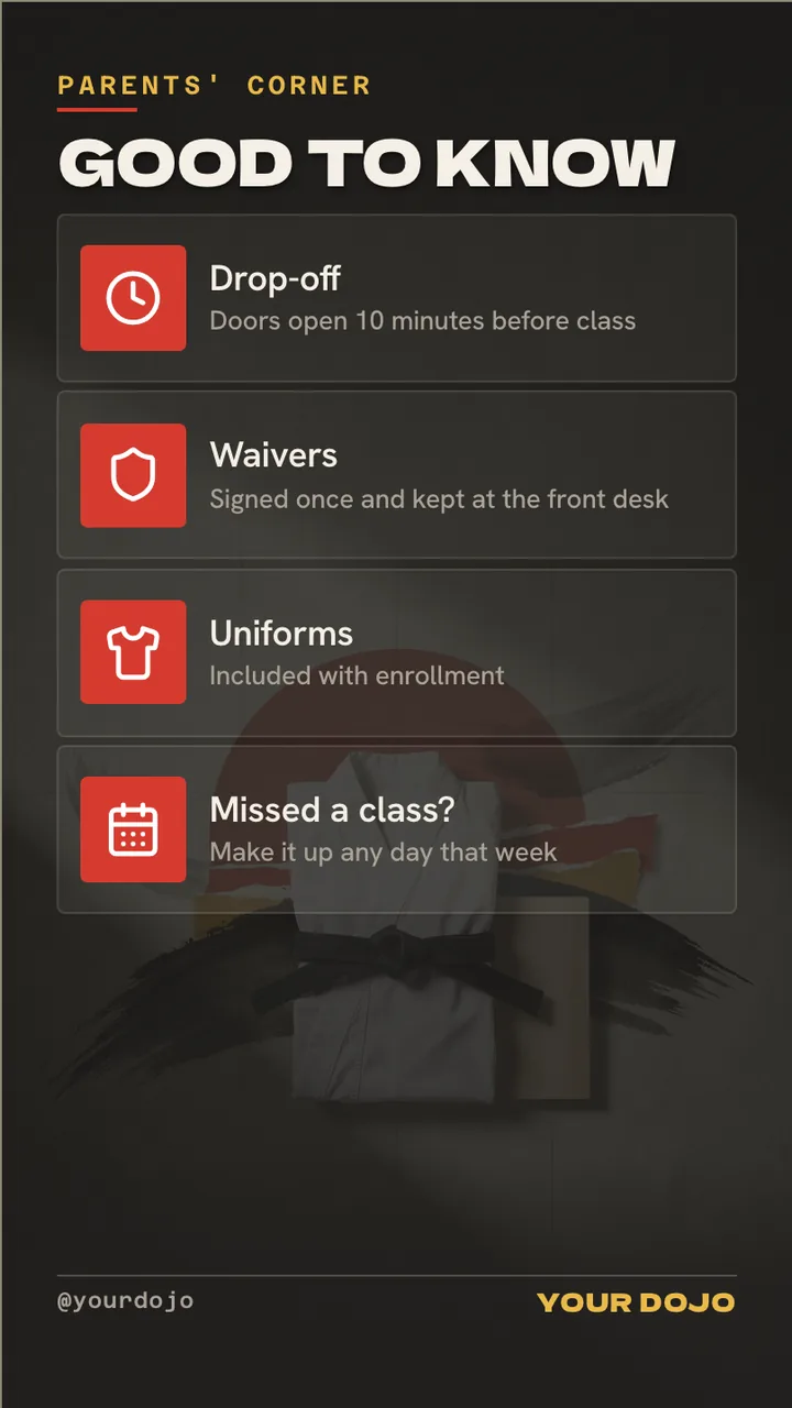 Kids martial arts enrollment TV screen · Portrait for a kids karate school: slide 4 of 4, the list of services and options