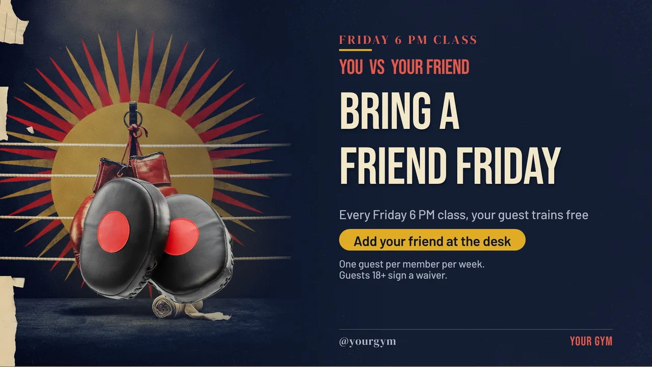 Boxing gym bring a friend TV screen · Landscape for a boxing gym: slide 2 of 4, the offer with its price and terms