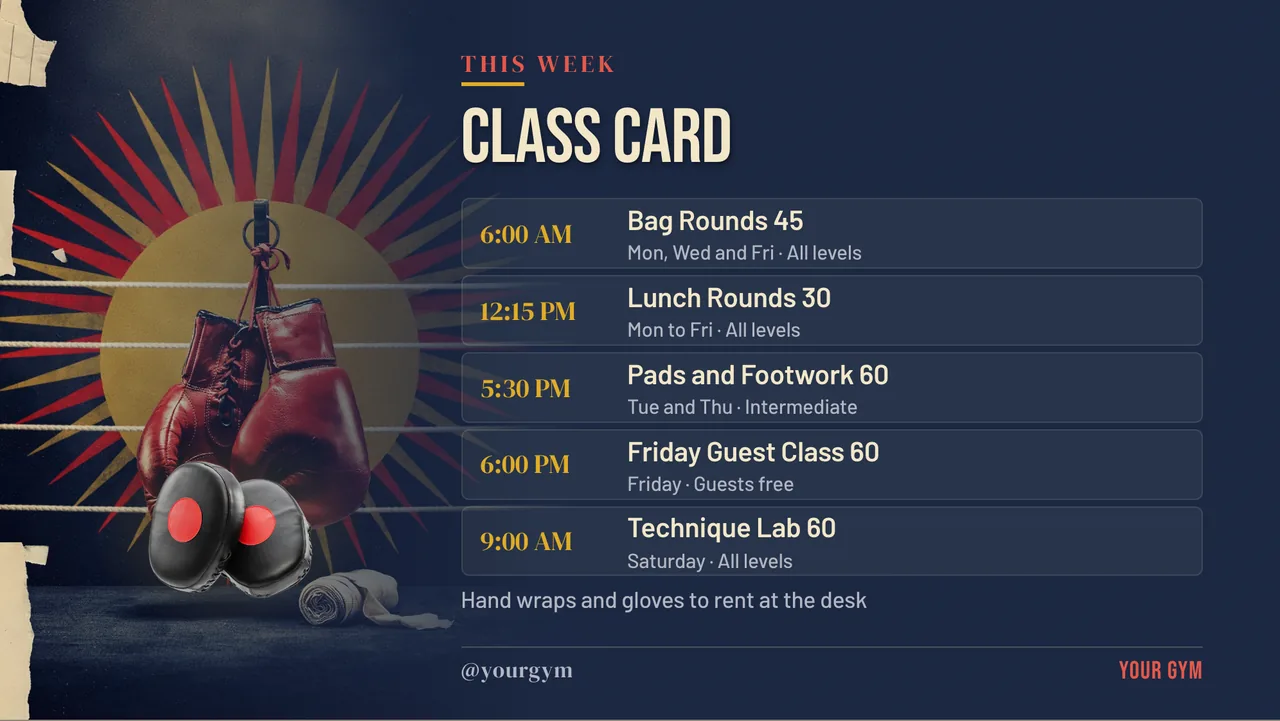Boxing gym bring a friend TV screen · Landscape for a boxing gym: slide 3 of 4, the schedule with times