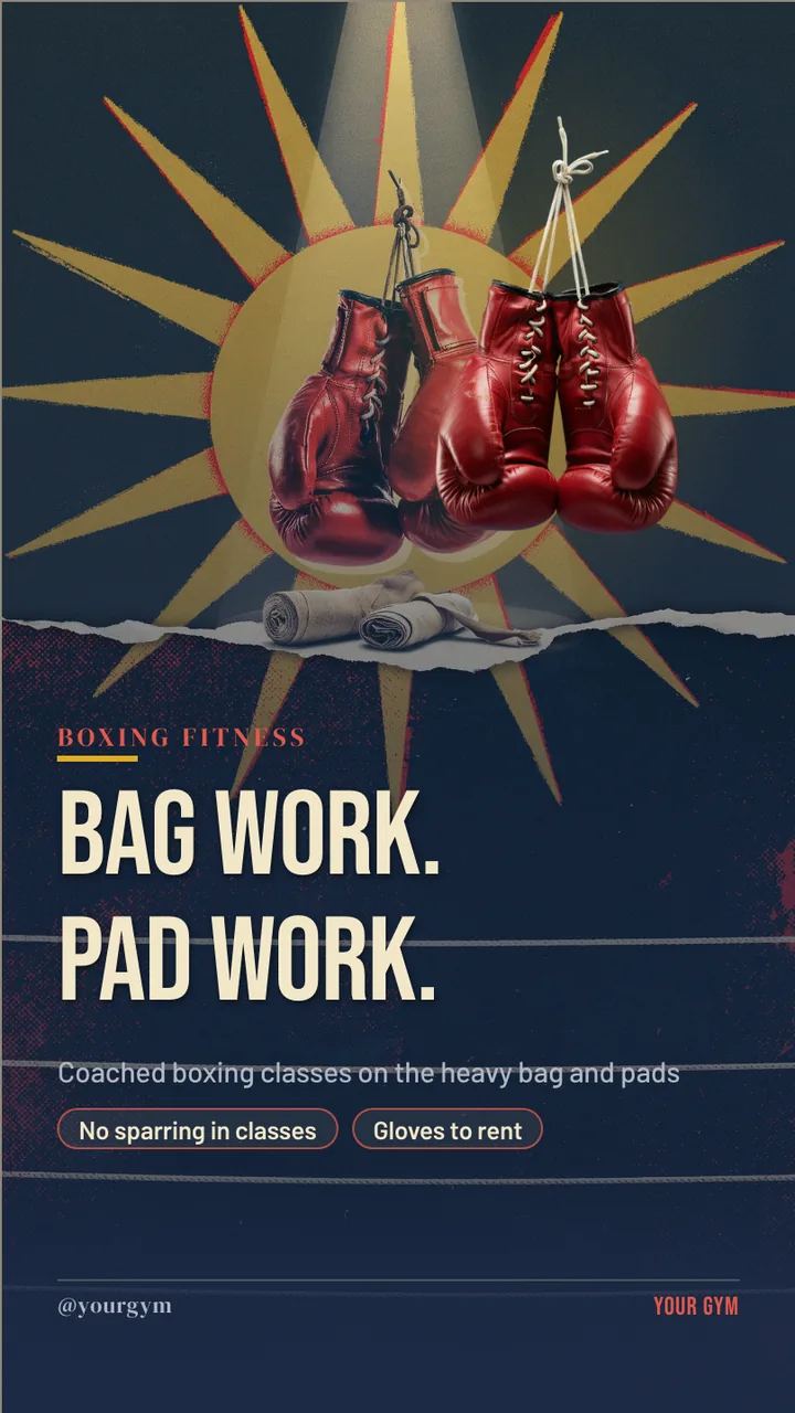 Boxing gym bring a friend TV screen · Portrait for a boxing gym: slide 1 of 4, the headline and what the business offers