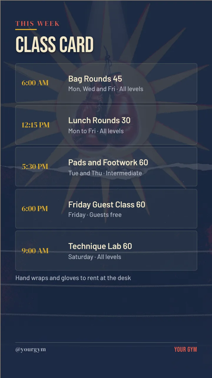 Boxing gym bring a friend TV screen · Portrait for a boxing gym: slide 3 of 4, the schedule with times