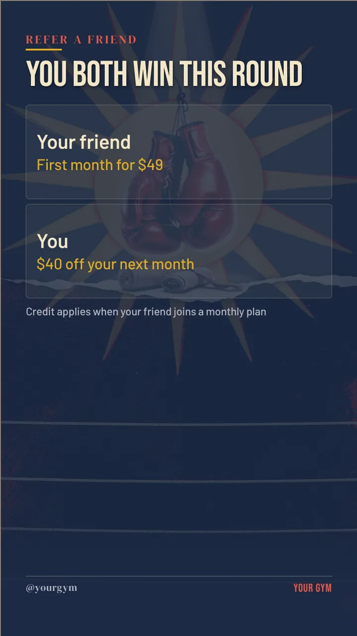 Boxing gym bring a friend TV screen · Portrait for a boxing gym: slide 4 of 4, the prices for packs and add-ons