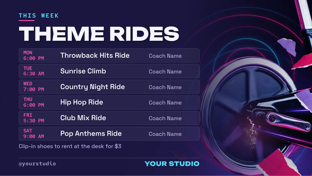 Indoor cycling studio ride schedule screen · Landscape for an indoor cycling studio: slide 2 of 4, the schedule with times