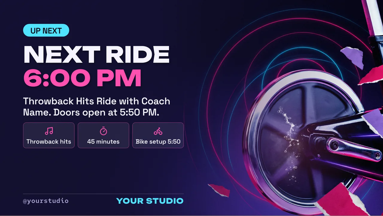 Indoor cycling studio ride schedule screen · Landscape for an indoor cycling studio: slide 3 of 4, the deadline or today's update