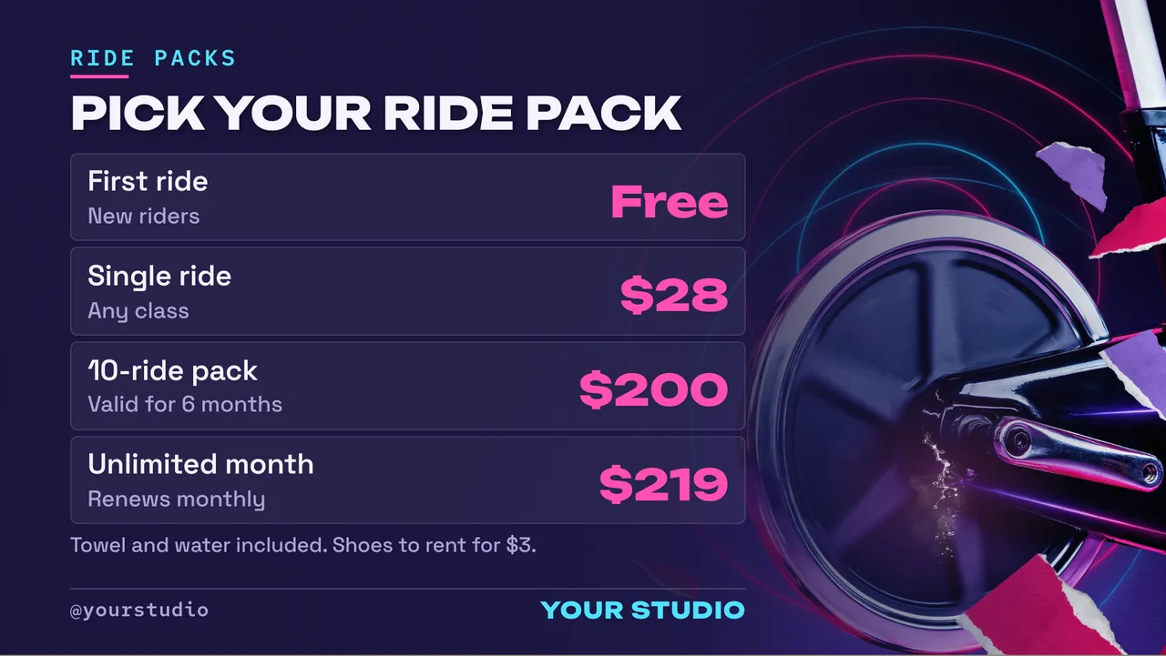 Indoor cycling studio ride schedule screen · Landscape for an indoor cycling studio: slide 4 of 4, the prices for packs and add-ons