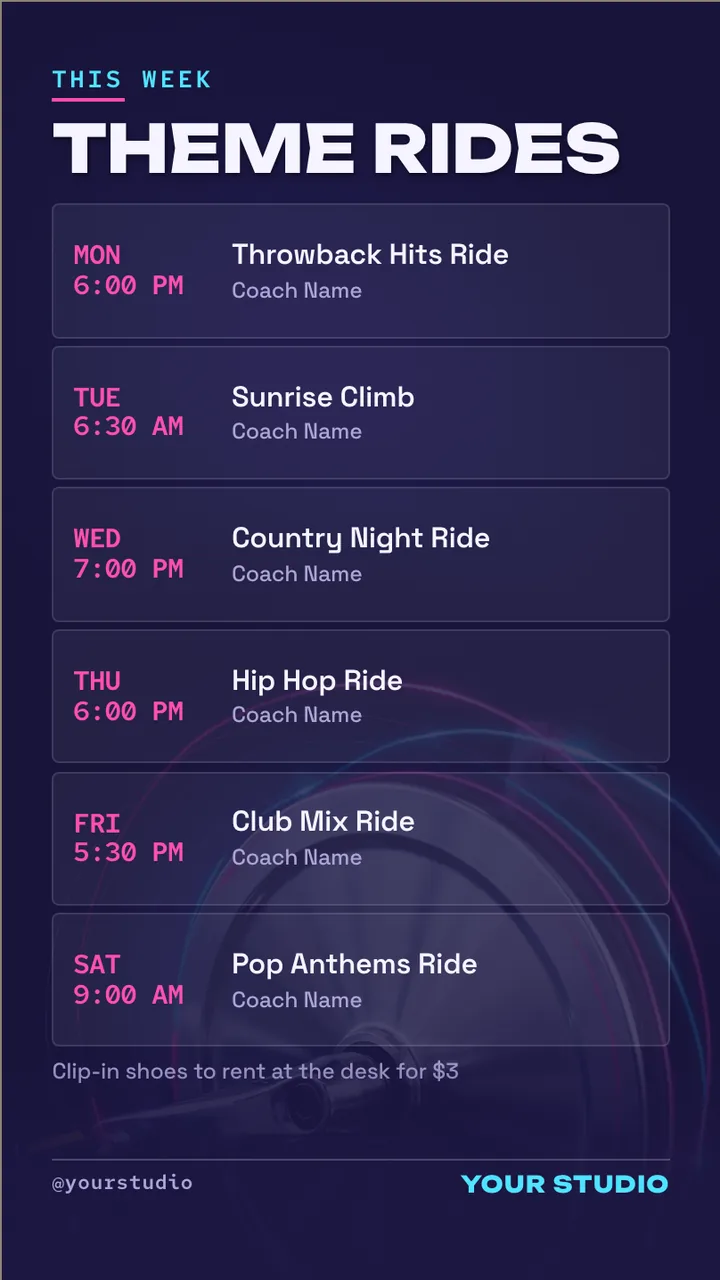 Indoor cycling studio ride schedule screen · Portrait for an indoor cycling studio: slide 2 of 4, the schedule with times
