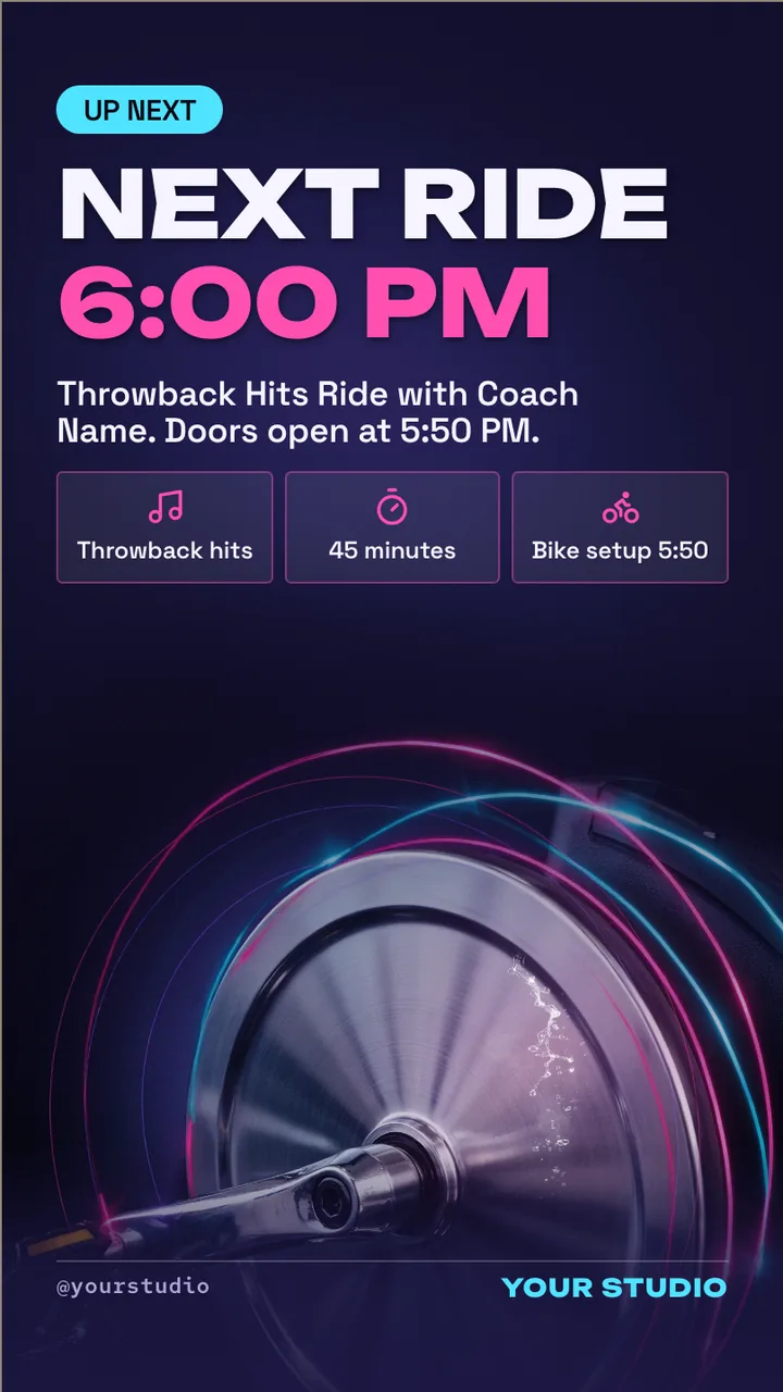 Indoor cycling studio ride schedule screen · Portrait for an indoor cycling studio: slide 3 of 4, the deadline or today's update