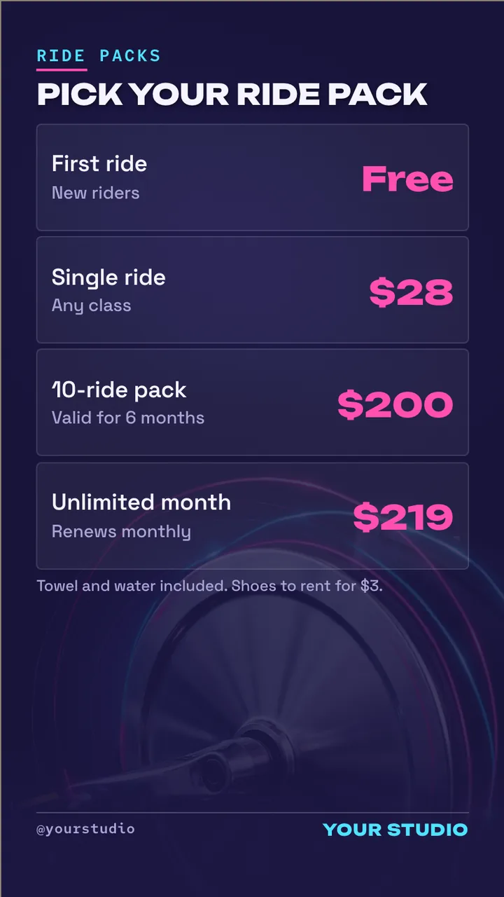 Indoor cycling studio ride schedule screen · Portrait for an indoor cycling studio: slide 4 of 4, the prices for packs and add-ons