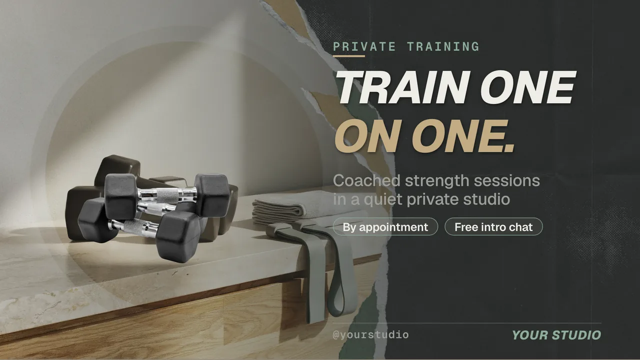 Personal trainer profile TV screen · Landscape for a personal training studio: slide 1 of 4, the headline and what the business offers
