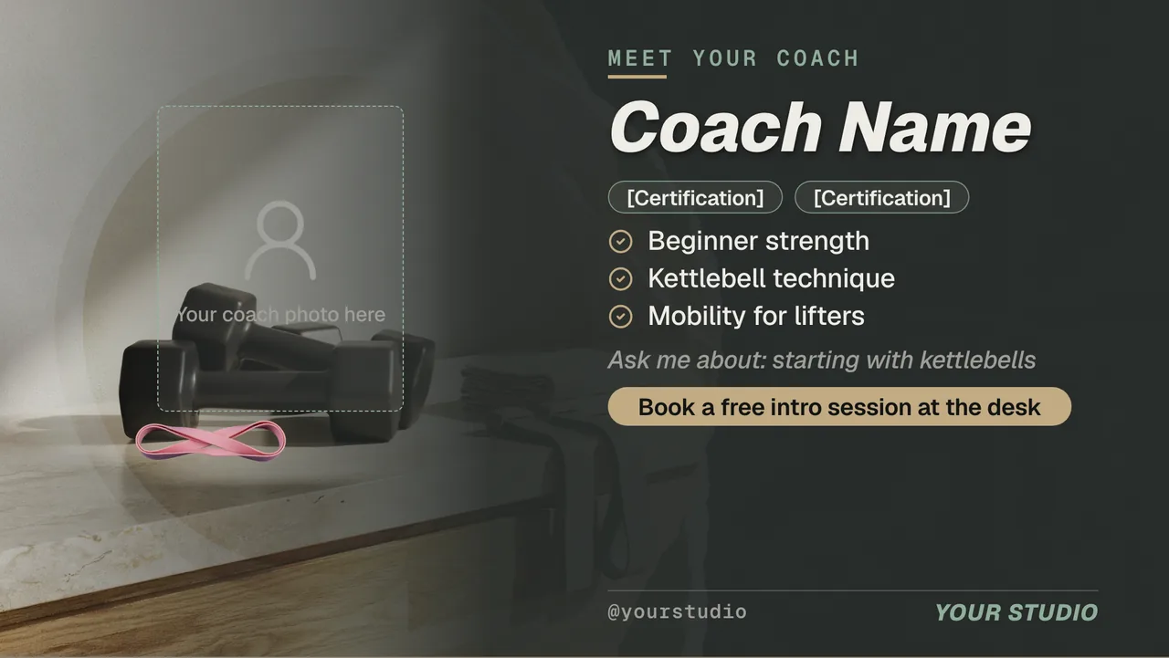 Personal trainer profile TV screen · Landscape for a personal training studio: slide 2 of 4, a staff profile with a photo placeholder