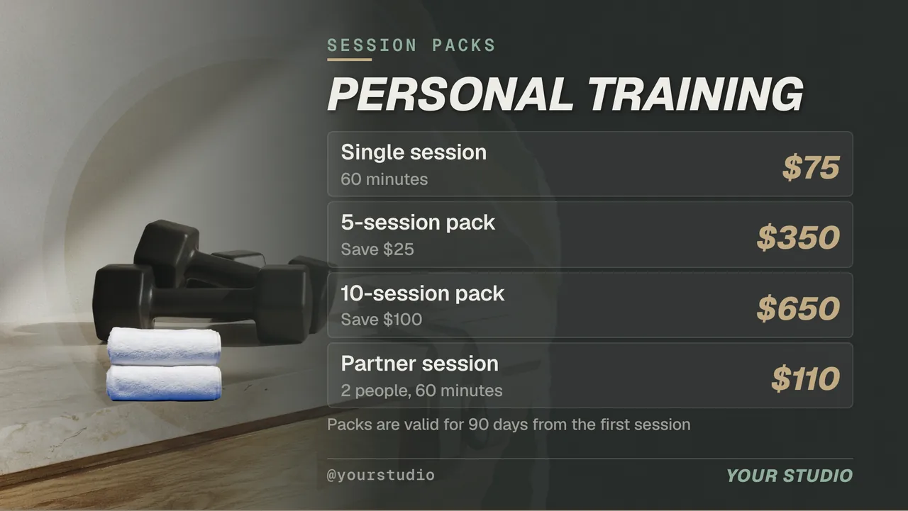 Personal trainer profile TV screen · Landscape for a personal training studio: slide 3 of 4, the list of services and options